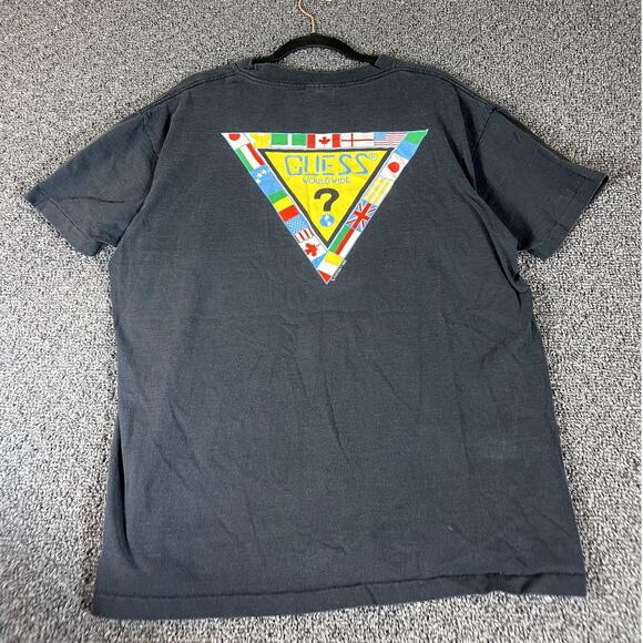 Vintage 80s Guess Worldwide Graphic Tee Mens One Size Flags USA Made Retro Black - Picture 1 of 11
